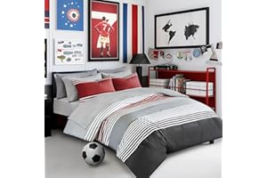 Comfort Spaces Twin Comforter Sets with Sheets - Bed in a Bag 6 Pieces Teen Bedding Sets, Red and Grey Stripes Bedding Twin, College Twin Bed Set with 2 Side Pockets Bedroom Organizer