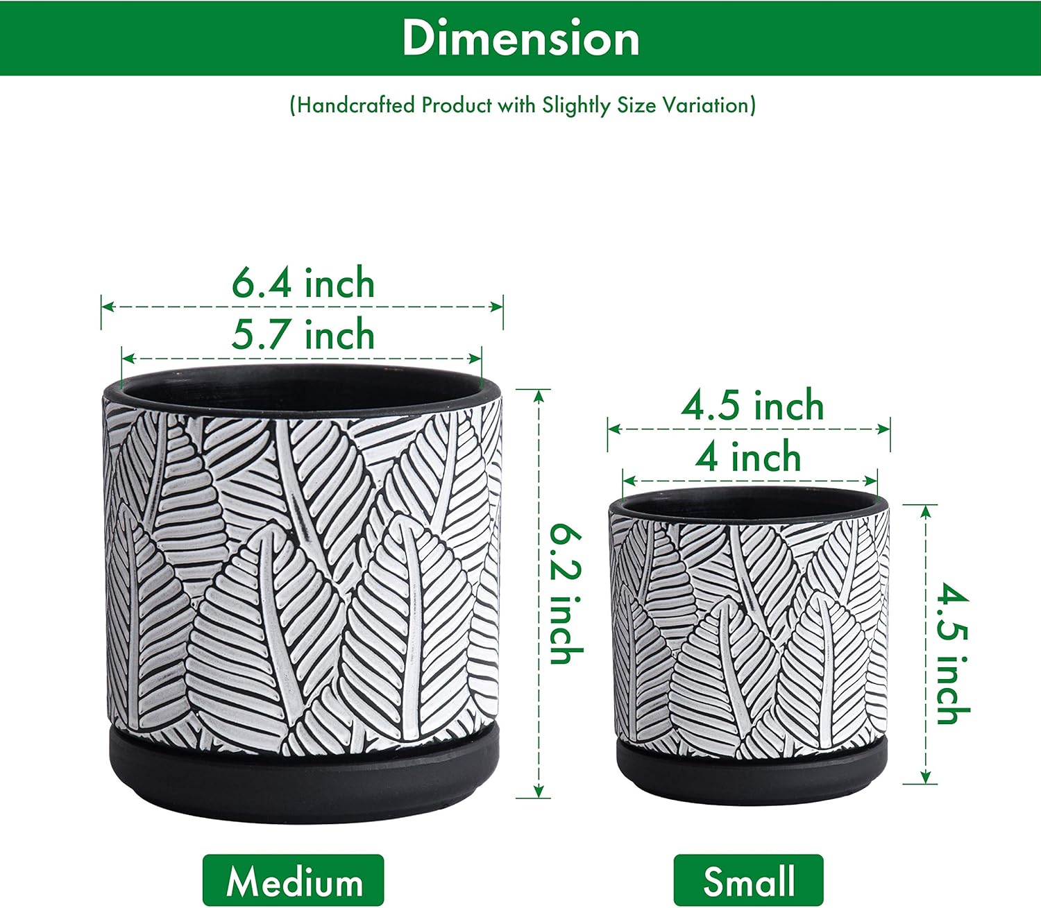 Set of 2, Broadleaf Pattern Planter Pot, 4.5 Inch and 6.4 Inch, Pot with Drainage Hole and Saucer, Black/White, 31-958-H-2 : Kitchen & Dining