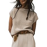 UANEO Sweater Vest Women Mock Neck Casual Cropped Knit Pullover Cap Sleeve Sweater for Women Top Spring