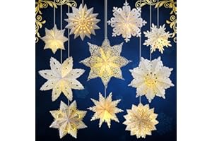 Mudder 10 Pcs Snowflake Paper Lantern Paper Star Lantern with 14 LED Light Paper Lamp Frozen Party Hanging Decoration for Christmas Weddings New Year Birthday Holiday Celebration, White