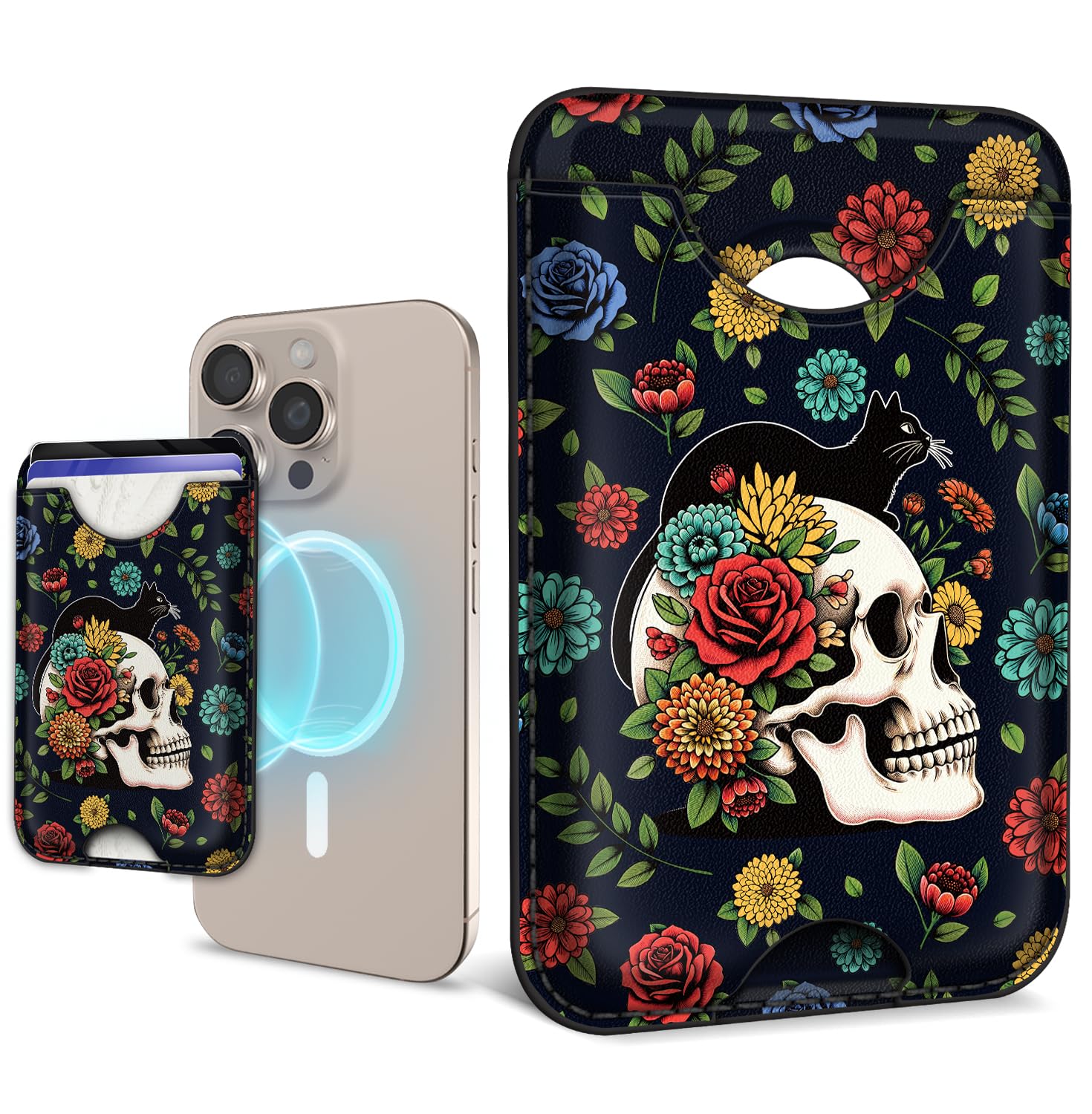 Mavellin for Magsafe Magnetic Phone Wallet, Skull Rose Magnetic Credit Card Holder Case, Slim RFID Vegan Leather Magnet Wallet Women, Stick on Back for iPhone 16 15 14 13 12 Pro Promax, 3 Cards