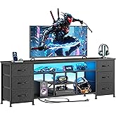Furologee LED TV Stand for 65, 70, 80 Inch TV, 71 Inch Entertainment Center with Power Outlets, 6 Fabric Drawers Dresser for Bedroom, Media Console with Open Shelves, PU Leather Surface, Black