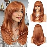 HAIRCUBE Layered Auburn Medium Long Straight Synthetic Wigs for Women with Bangs Heat Resistant Natural Look for Daily Use