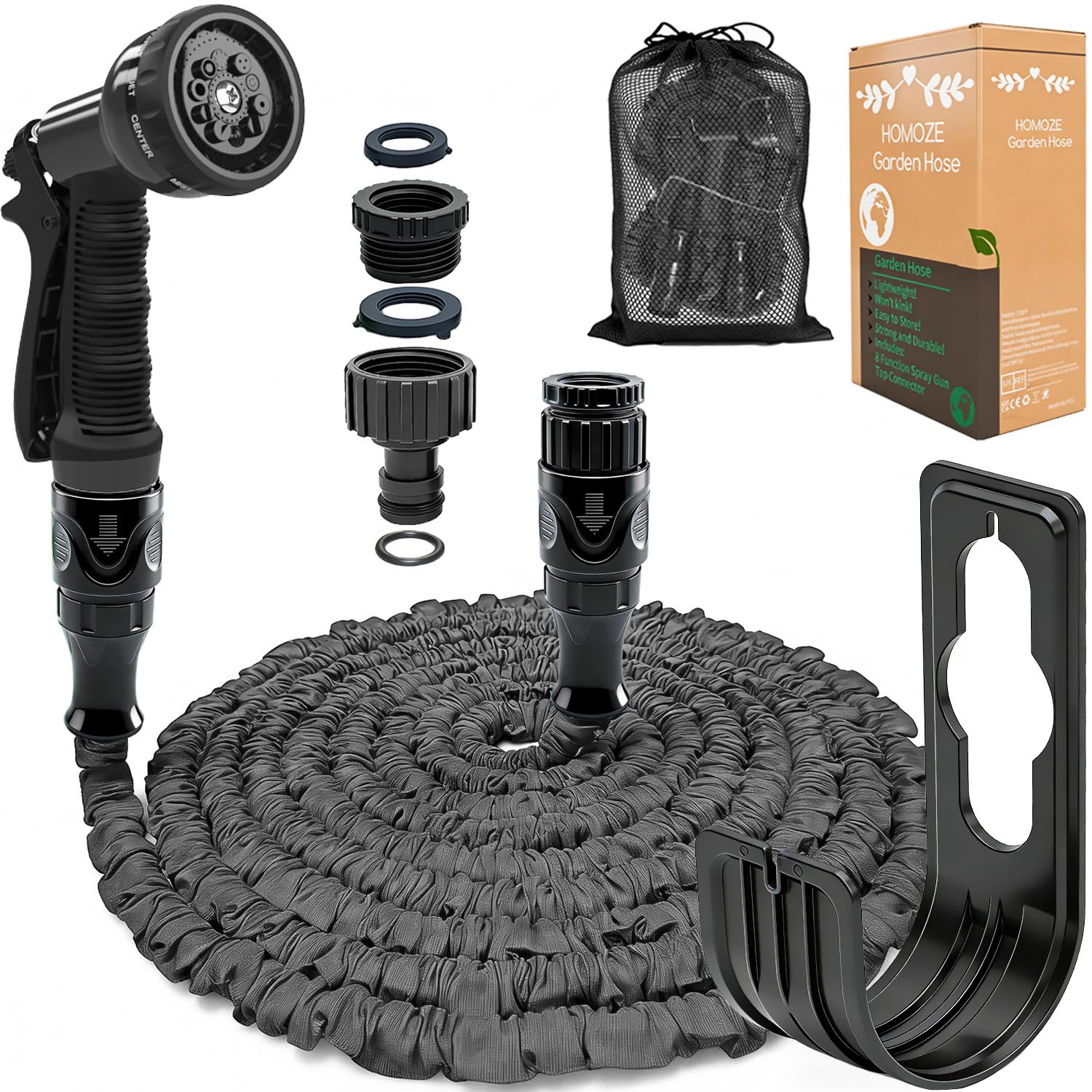 HOMOZE Expandable Garden Hose 50ft Hose Pipe Expandable with 3/4", 1/2" Fittings, Anti-Leakage - Flexible Expanding Hose with 10 Function Spray Gun