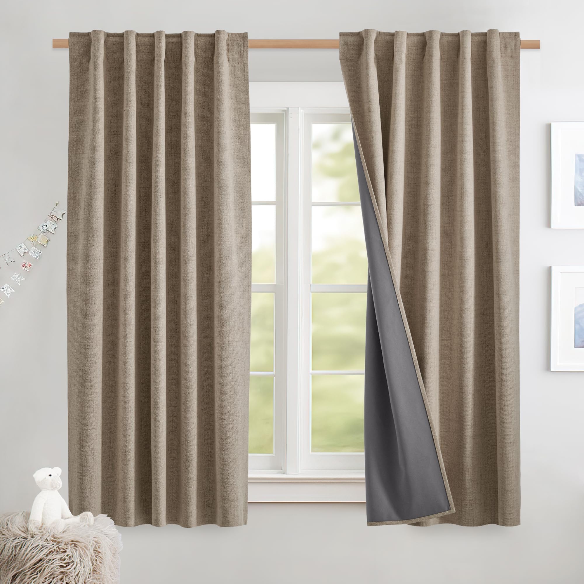 Photo 1 of NICETOWN 100% Blackout Curtains for Kitchen with Grey Liner, Rod Pocket & Back Tab Thermal Insulated Flax Textured Full Light Blocking Window Draperies for Nursery(Burlap, 2 Panels, 42" W x 63" L)