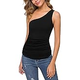 Missufe Women's One Shoulder Tops Sleeveless Ribbed Knit Ruched Asymmetrical Shirt