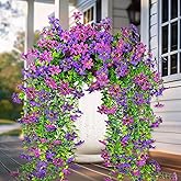 4 PCS Artificial Hanging Flowers for Outdoors, Fake Hanging Plants UV Resistant Faux Silk Daisy with Eucalyptus Leaves for Outside Home Indoor Planter Porch Patio Balcony Yard Decor (Double Purple)