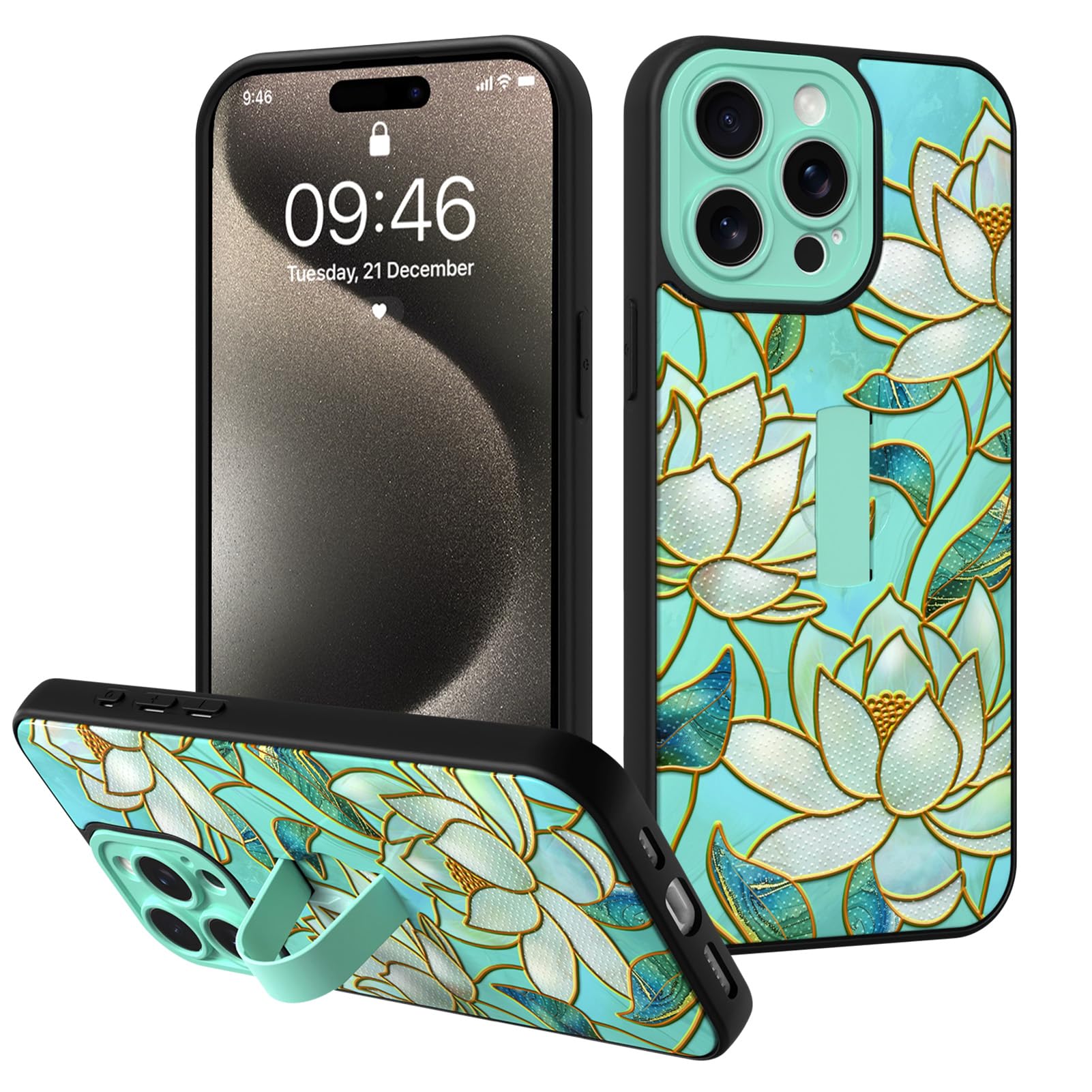 Fiyart Designed for iPhone 15 Pro Max Case Cute Aesthetic Lotus Flower Floral Pattern,Built-in Finger Strap Phone Grip Kickstand for Women Girls,TPU Hard PC Shockproof 3D Gilding Bumper 6.7"-Green