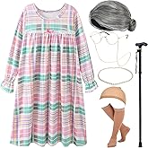 EBYTOP Old Lady Costume for Kids 100th Day of School Costume Wig 100 Year Granny Glasses Grandma Little Old Women Cane Accessories,8-10 Years