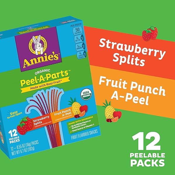 ANNIE’S ORGANIC FRUIT PEEL-A-PARTS FRUIT FLAVORED SNACKS, STRAWBERRY AND FRUIT PUNCH, GLUTEN FREE, VEGAN, VARIETY PACK, 12 COUNT, 6.7 OZ