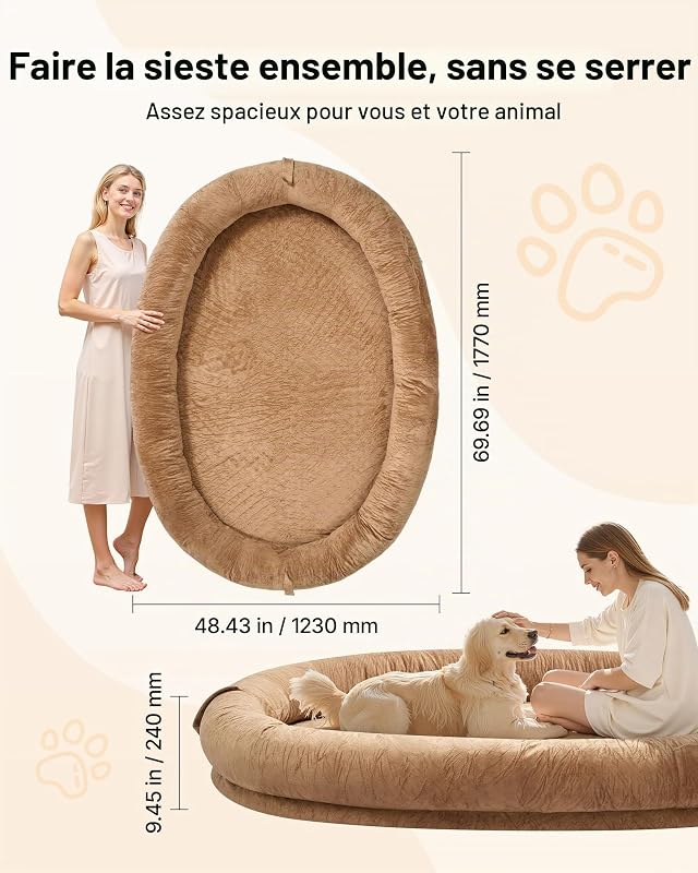 Lit pour Chien Humain 177x123x24 cm Panier Géant pour Chien en Mousse à Mémoire de Forme Orthopédique avec Poche Latérale, Poignée, Fermeture Éclair, Housse Amovible, Lavable en Machine, Marron