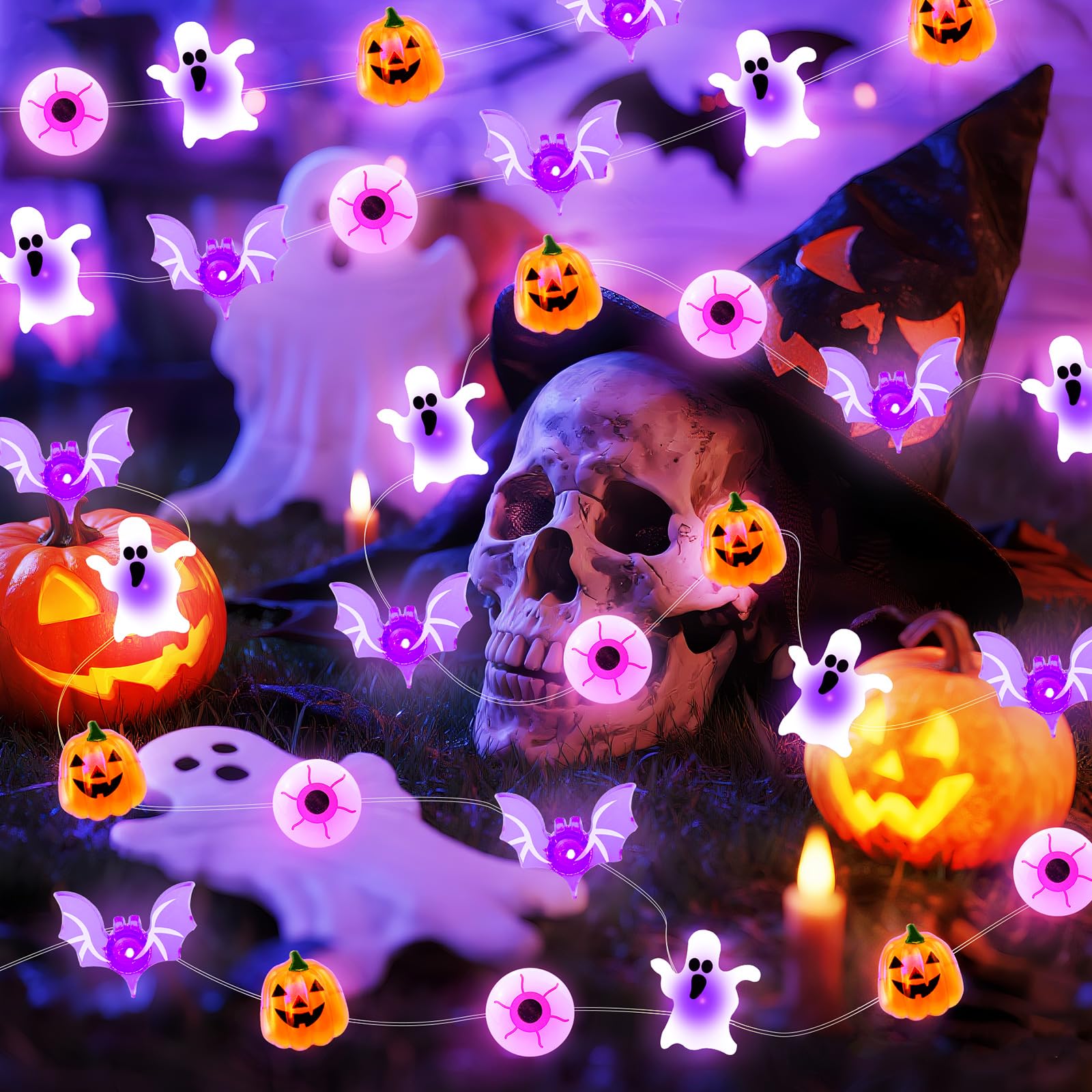 Photo 1 of Aogist Halloween String Lights, 16 ft 50 LED Pumpkin Bat Eyes Ghost Battery Operated Lights for Lawns Garden Outdoor Holiday Party Halloween Decorations (1 Pack)