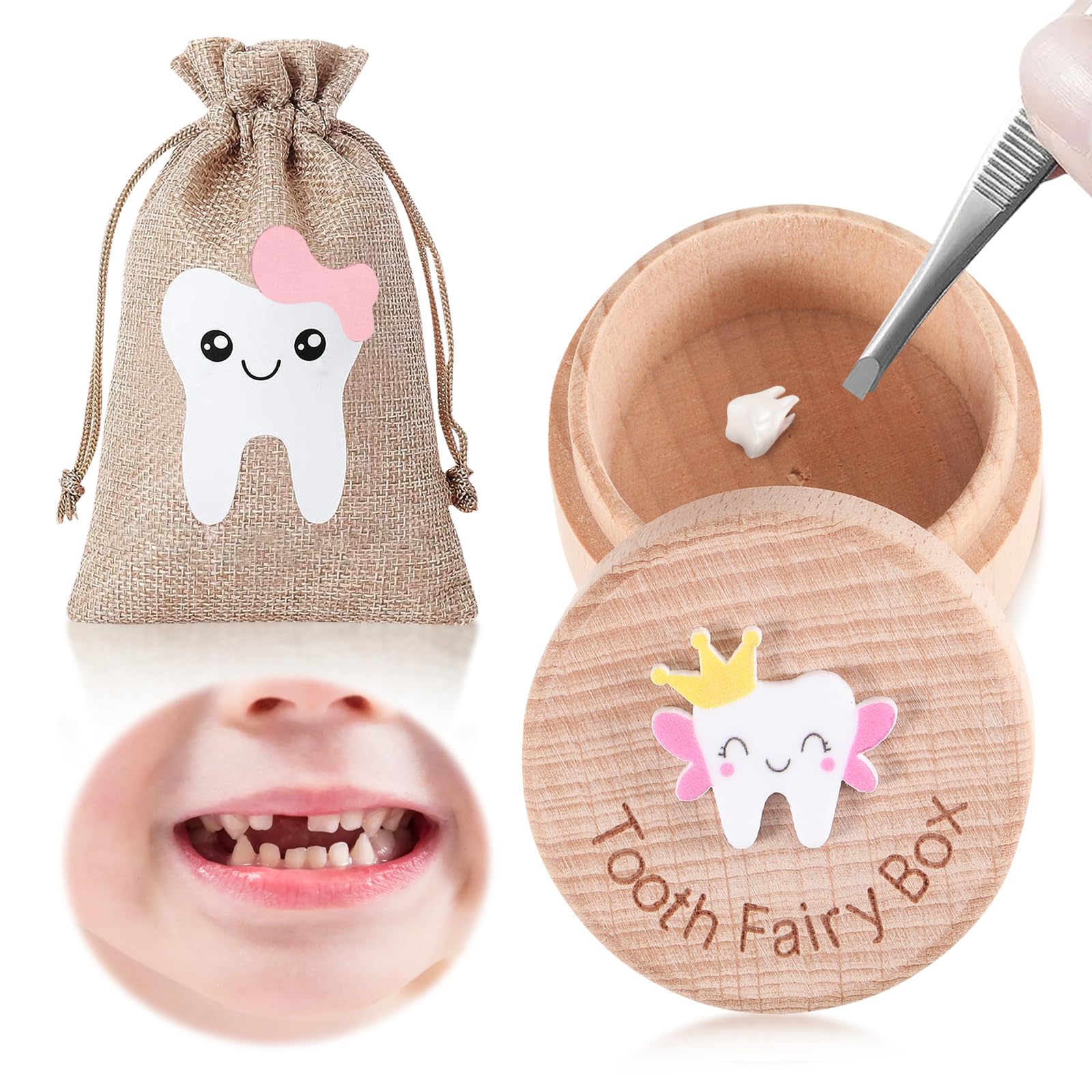 SIWOKJJO Tooth Fairy Box, Tooth Fairy Bag for Girls, Girl Keepsake Organizer, Lost Teeth Holder Box, Tooth Storage Box, Cute Wooden Tooth Fairy Keepsake (Girl#1)