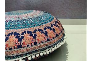 CRAFT KALA 32" in Round Mandala Floor Pillow Cushion Cover Seating Throw Cover Hippie Decorative Bohemian Ottoman Poufs Pillow Cases Boho Cotton Living Yoga Home Décor (Elephant Moor Joda)