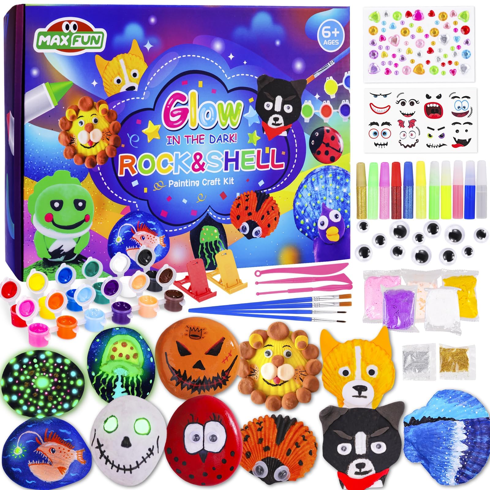 Photo 1 of Max Fun Glow in The Dark Rock Painting Kits - Sea Shell & Rock DIY Arts and Crafts Kit Gifts for Kids Ages 4-12,Craft Activities Set Creative Paint Toys for Boys Girls Easter Birthday Party Gifts