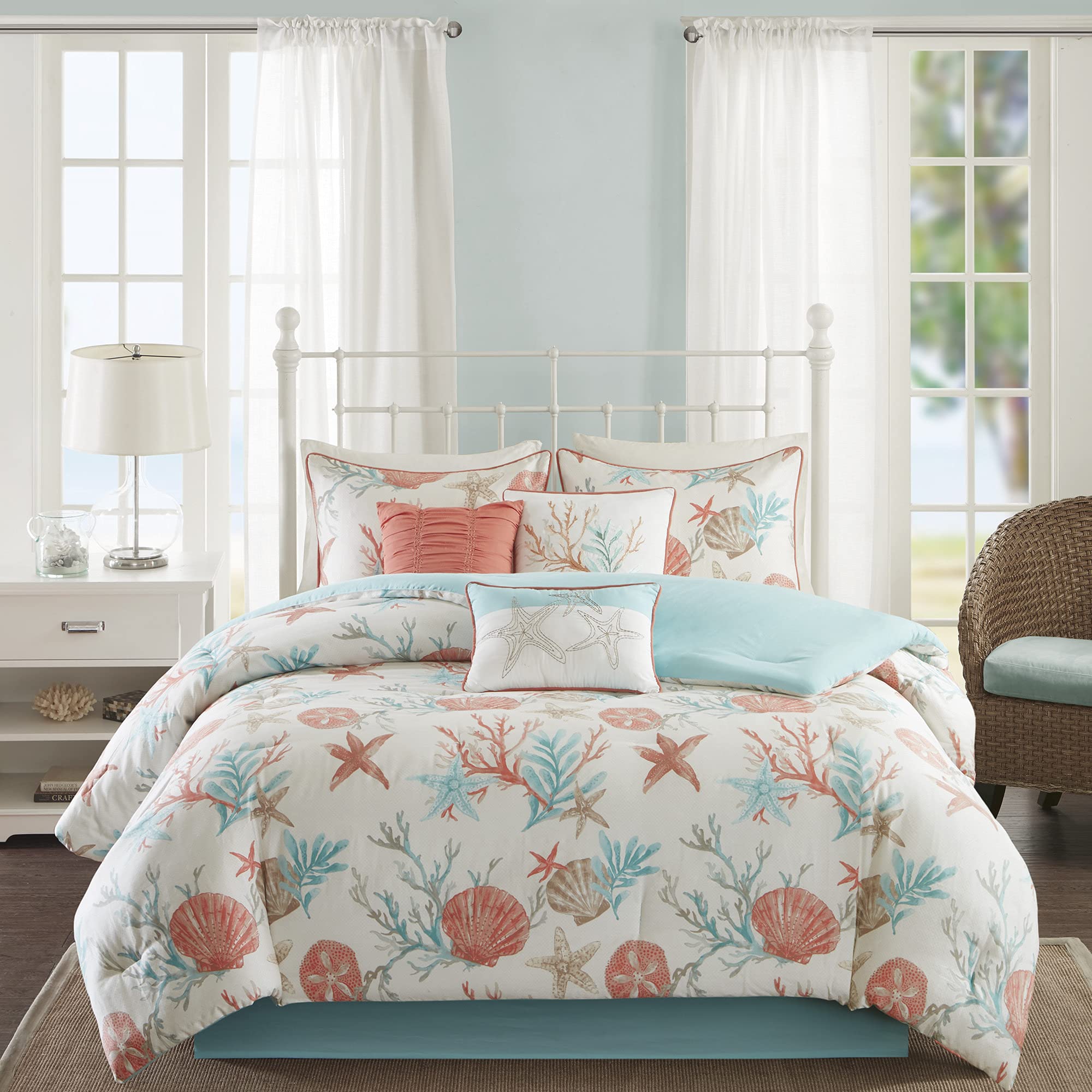 Madison Park 100% Cotton Comforter Set - Coastal Coral, Starfish Design All Season Down Alternative Cozy Bedding with Matching Shams, Decorative Pillow, California King(104"x92"), Teal 7 Piece Image