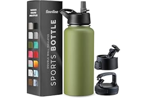 FineDine Insulated Water Bottles with Straw - 32 Oz Stainless Steel Metal Water Bottle W/ 3 Lids - Reusable for Travel, Camping, Bike, Sports - Army Green