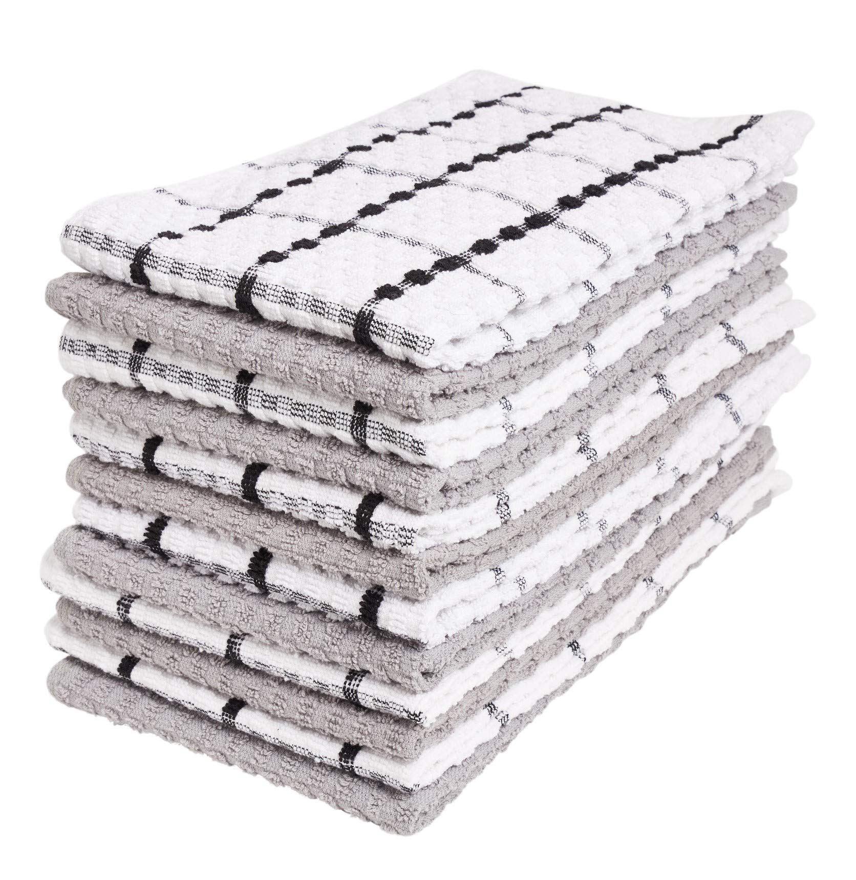 Kitchen Towels 12 Pack - Dish Towels and Dish Cloths - Hand Towel and Dishcloths Sets - 100% Soft Ring Spun Combed Cotton - Great for Cooking in Kitchen or Household Cleaning - Size 15" x 25" (Gray)