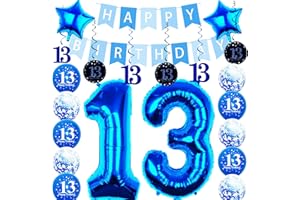 Pargleev 13th Birthday Party Decorations for Boys Girls in Blue Comprise Balloons with Swirl Decorations, A Happy Birthday Banner, A Set of 32in "13" Numbers and Star Foil Balloons in Blue.