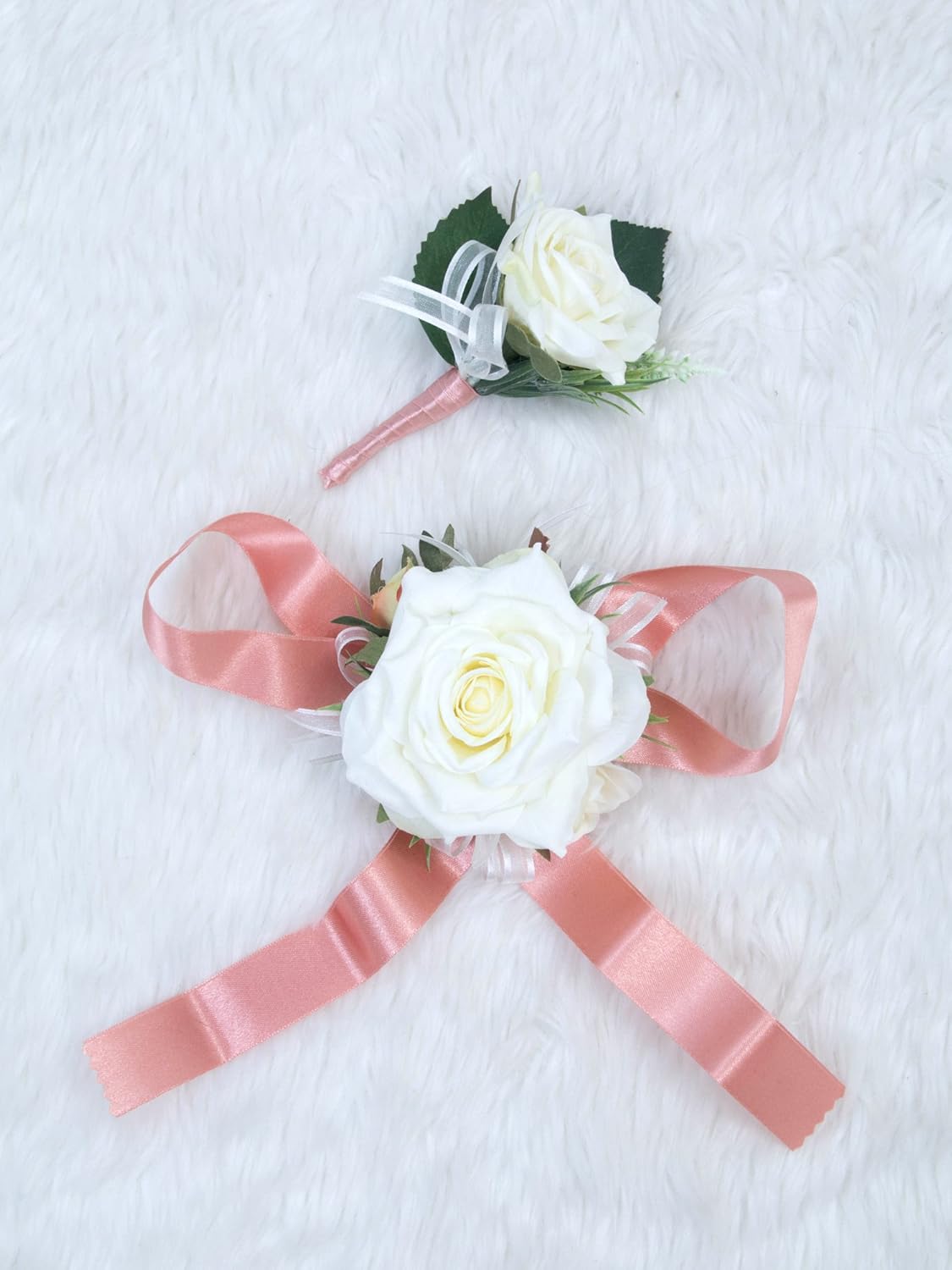 ウェディングプロム手首コサージュsingleシルクローズとブートニアセットピンリボン付属 クラシックアイボリーテーマ B071y3yz81 造花 代引き人気 Rumble Media