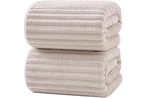 XIQ 39x79 Inches Bath Sheets Extra Large Bath Towels for Adults Luxury Super Soft Absorbent Striped with Hanging Loop Microfiber Shower Towels for Bathroom(Beige, 2PCS)