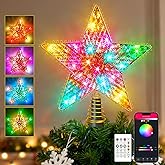 Christmas Tree Star Topper, LED Tree Decorations, UL Certified Colorful Star Tree Topper Lights for Home Garden USB Plug in Xmas Tree New Year Holiday, APP and Remote Control, DIY Dimmer(Gold)