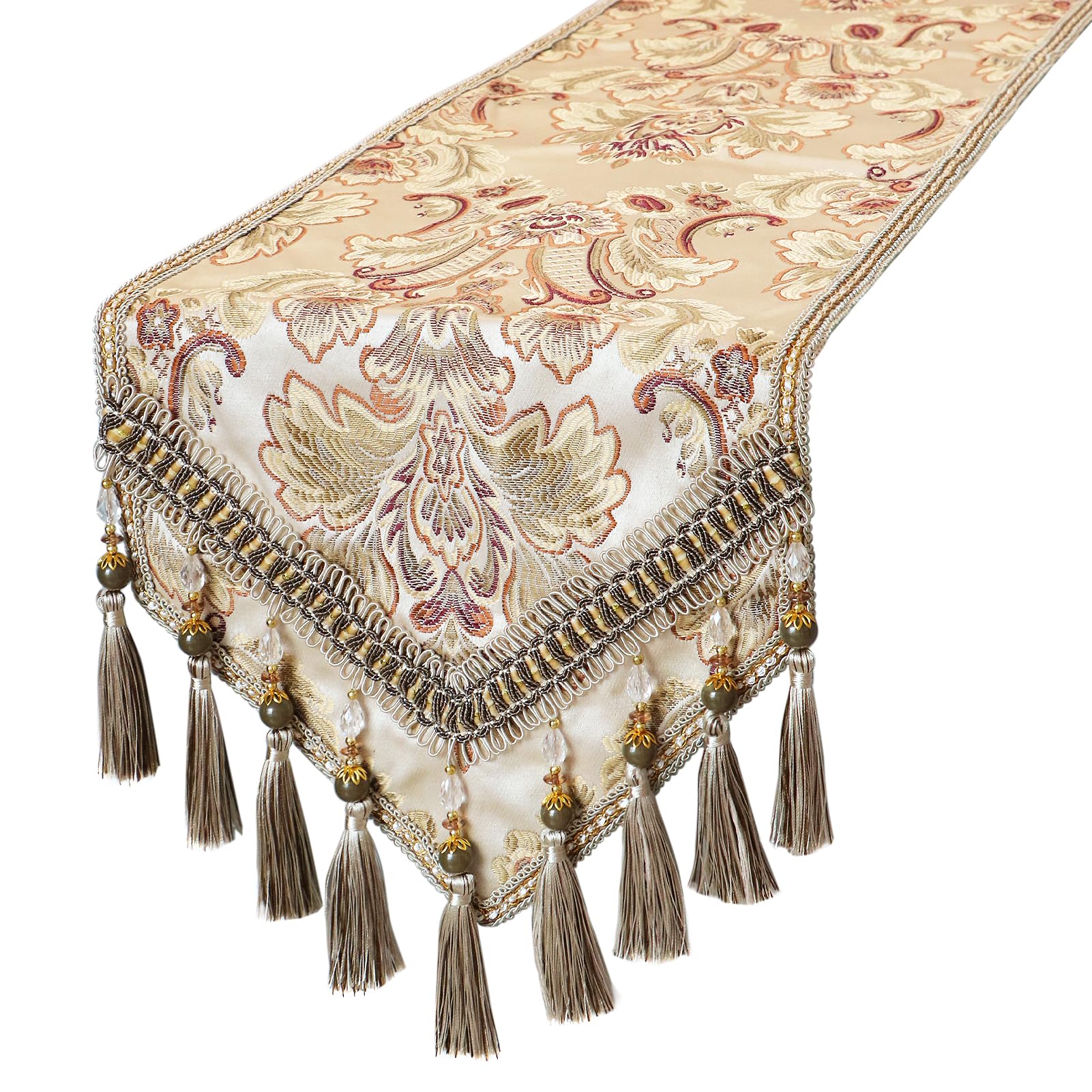 kilofly Elegant Floral Brocade Jacquard Table Runner Tassels (96 x 12 inches)