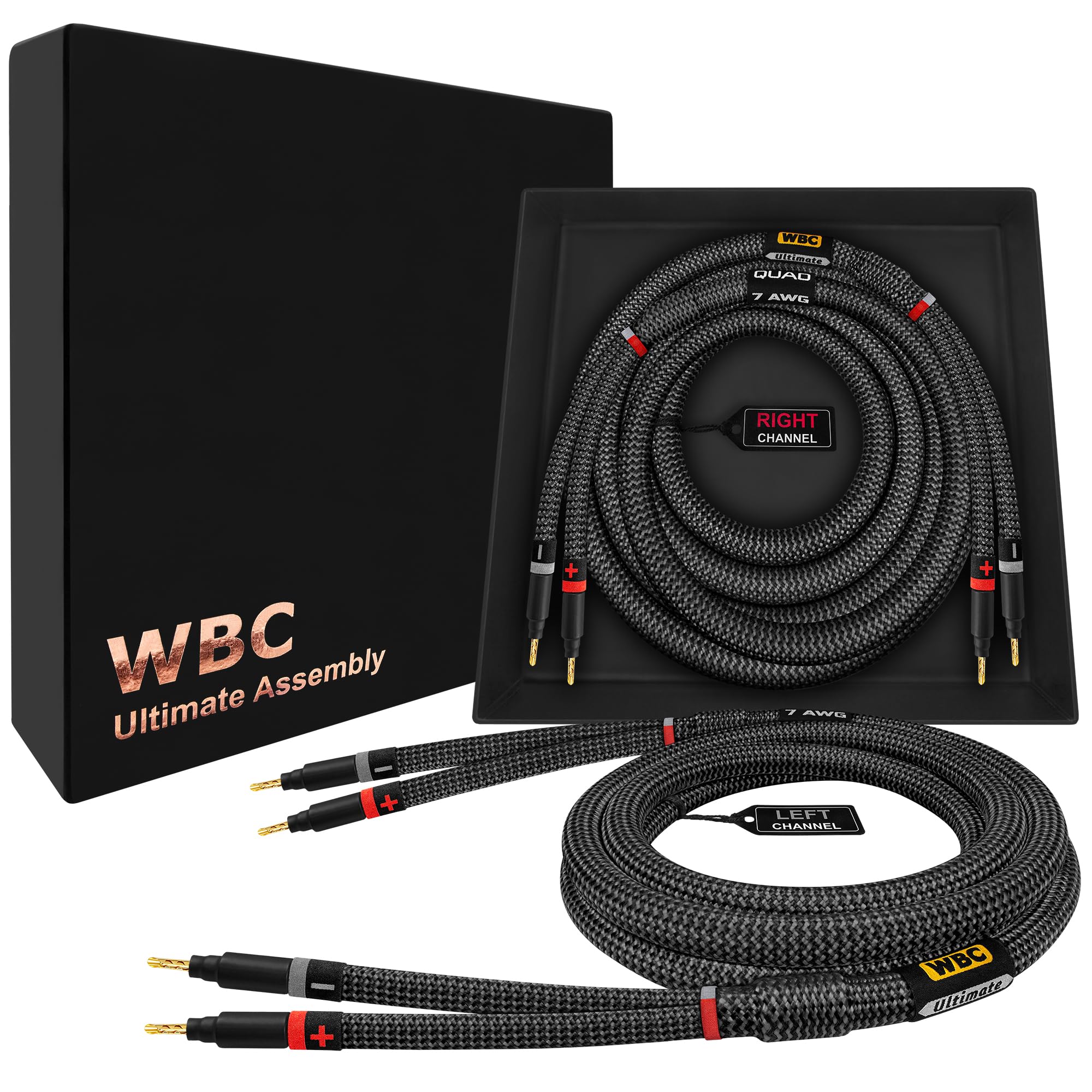 WORLDS BEST CABLES 2 Meter ULTIMATE - 7 AWG - Ultra-Pure OFC – Extra Premium Audiophile HiFi Speaker Cable Pair with Eminence Gold Banana Plugs & Carbon Tweed Jacket