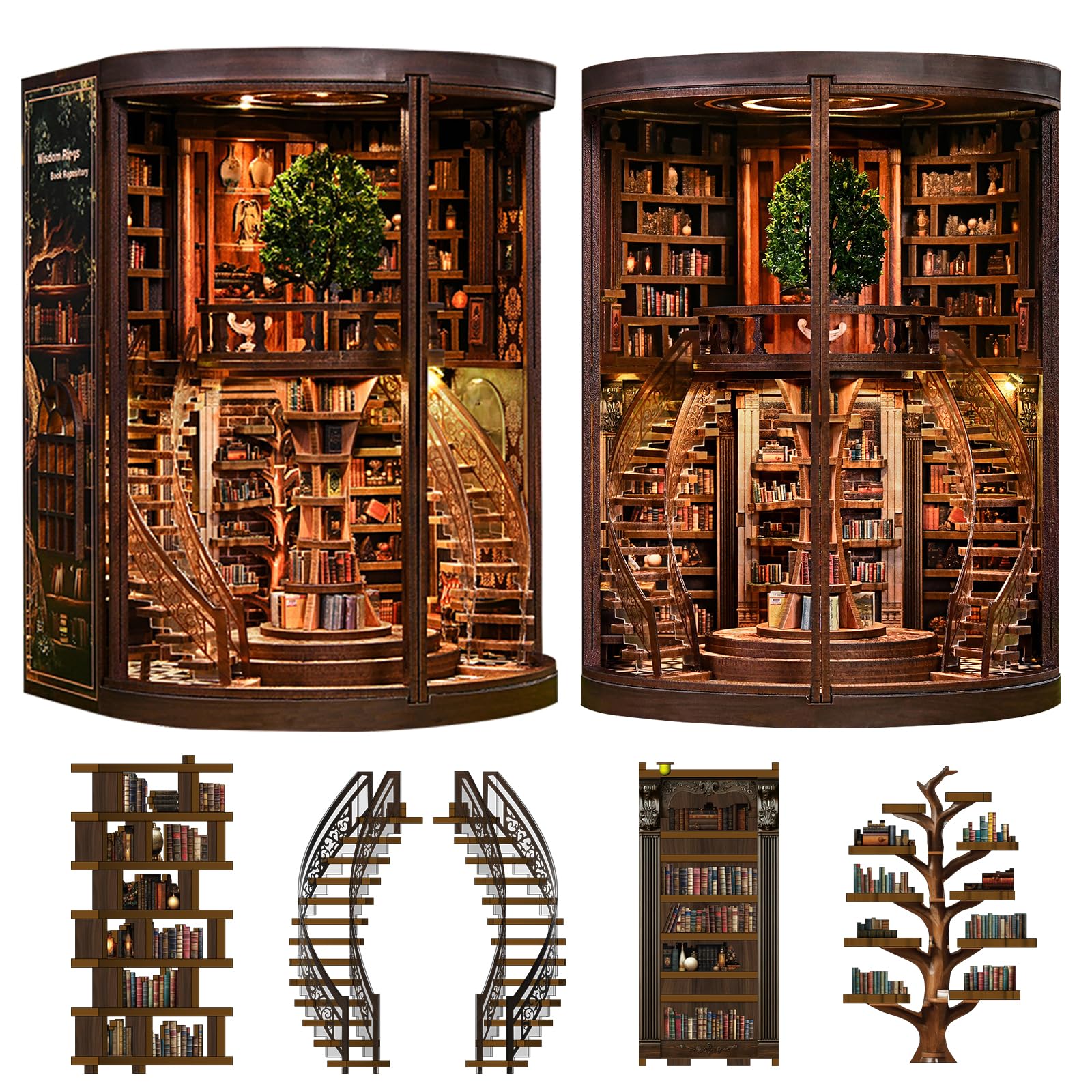 Roroom DIY Miniature House Kit, Wisdom Rings Book Repository Book Nook Kit for Adults with LED Lights, 3D Wooden Puzzle Dollhouse for Bookshelf Decor - Creative Gift for Fantasy Fans & Collectors