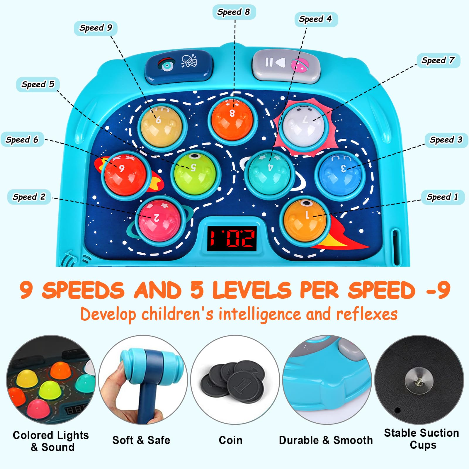 Whack Game Mole for Toddlers, Toys for 3-12 Year Old Boys and Girls, Pounding Game for Kids,Gifts for 3 4 5 6+ Year Old Boys, Interactive Educational Toy with Sound and Light,PK Mode with 2 Hammers