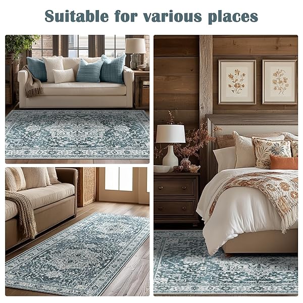 JINCHAN 6X9 AREA RUGS FOR LIVING ROOM – MACHINE WASHABLE TRIBAL VINTAGE FLORAL STAIN RESISTANT ULTRA-THIN LOW-PILE NON-SLIP DISTRESSED CARPET FOR BEDROOM DINING ROOM KITCHEN (6X9FT,TEAL BLUE)