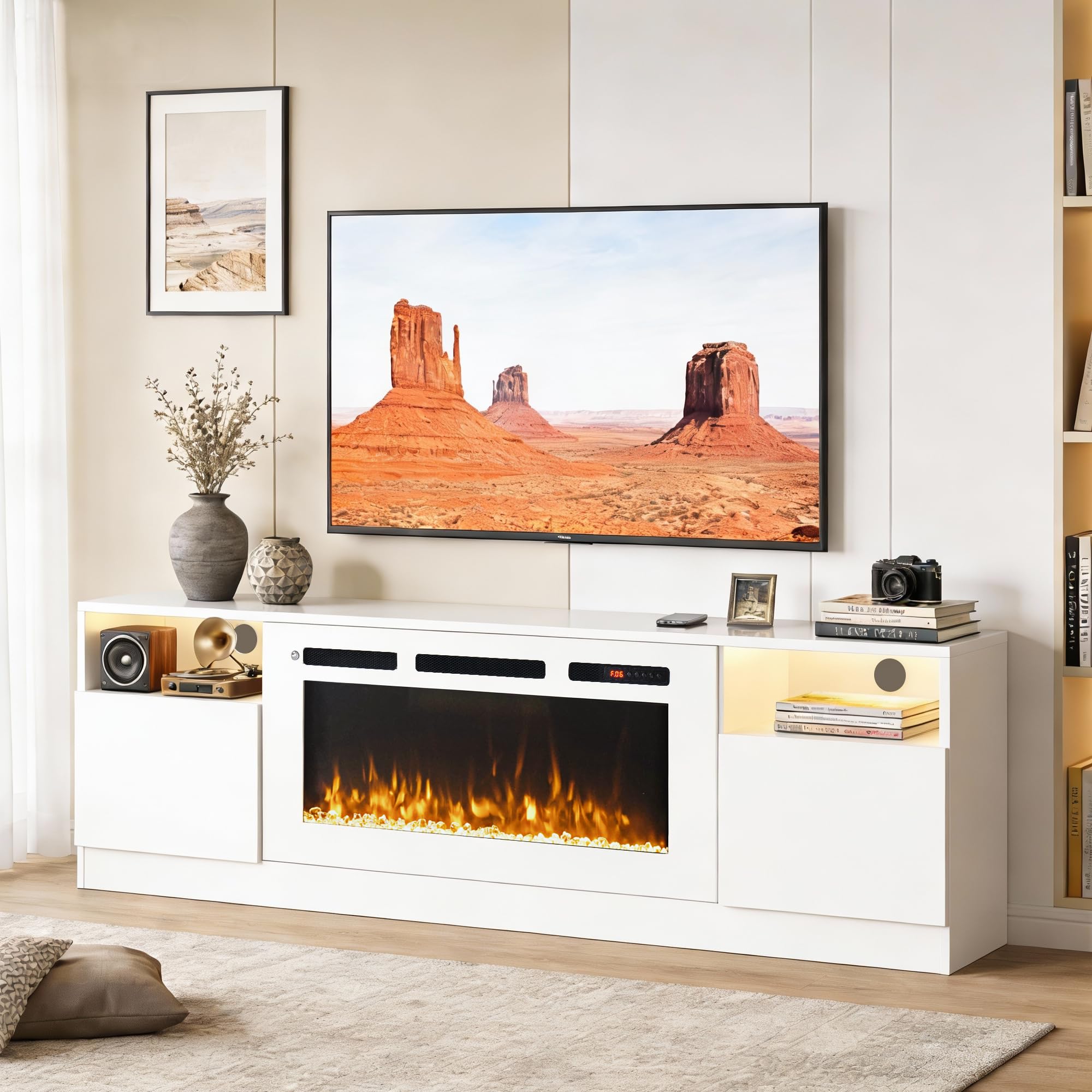 Photo 1 of OneBlis 70" Fireplace TV Stand, LED Light Entertainment Center for TVs Up to 80", High-Gloss Door, Modern TV Console for Living Room with Storage Cabinet, White+White