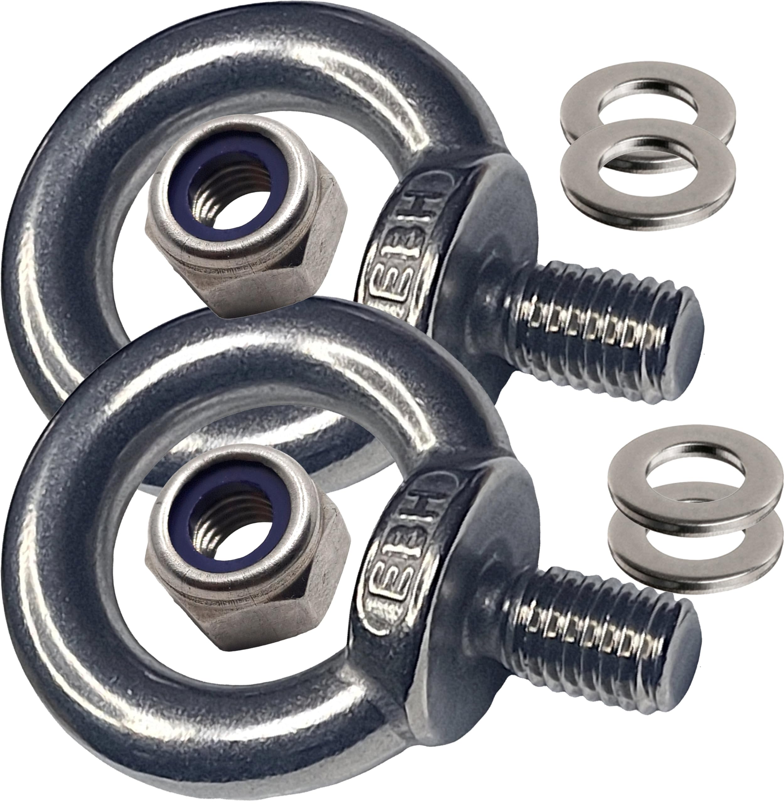 M10 Male Lifting Ring Eye Bolts Sets, Lock Nuts, Flat Washers, Marine Grade A4 Stainless Steel 316 (Pack of 2)