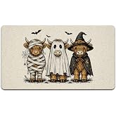 awdschkj Halloween Highland Cow Door Mat Outdoor Entrance 17x30 Inches | Witchy Gothic Halloween Doormat Indoor Outdoor, Funny Halloween Ghost Highland Cow Farm Animal Welcome Mats for Front Door
