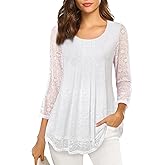 VALOLIA Women's 3/4 Sleeve Tunic Tops Casual Loose Fit Floral Blouses Mesh Pleated Layered Shirt