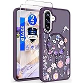 Yucenx for Samsung Galaxy A36 5G 6.7 inch Floral Phone Case with 2X Screen Protector, Military Grade Magnetic Translucent Matte Girls Women Flower Pattern Protective Cover for A36 5G (Deep Purple)