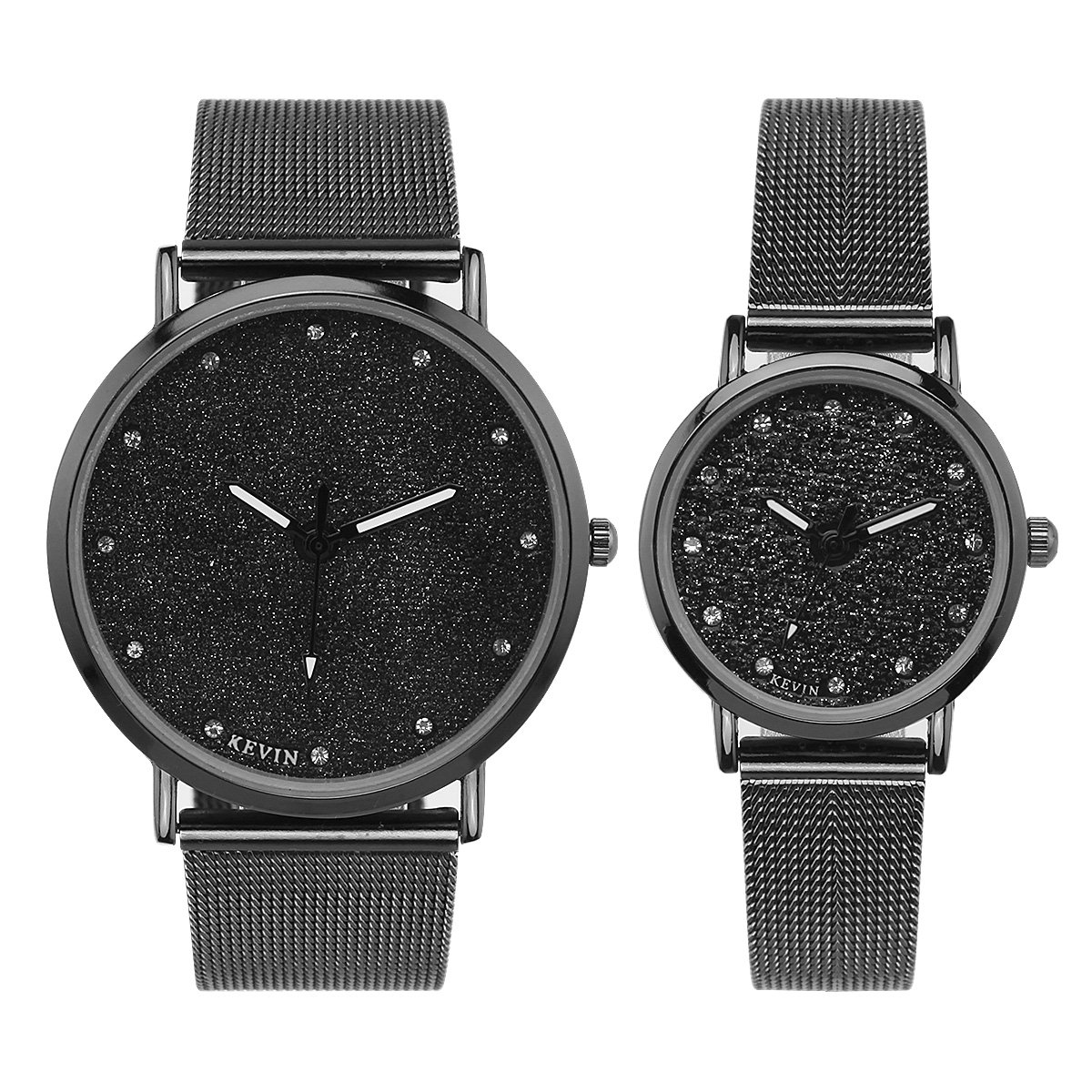 LONGQI Rhinestone Couple Mesh Watch Starry Dial Round Case Sparkling Wristwatch Holiday Gift (Couple)