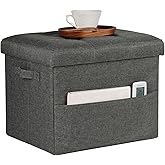 Bsketa Storage Ottoman Foot Rest, Folding Linen Cotton Ottoman with Storage with Side Pockets and Handle, Foot Stool for Lounge, Study Corner, Home Office, 17x17x13 Inches, Dark Gray