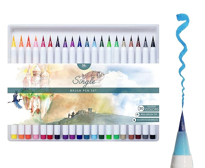 Pinselstift-Set - 20 Farben - weiche flexible Echtpinsel-Spitze, langlebig, Wasserfarben-Effekt, Aquarell - Ideal für Malbüch