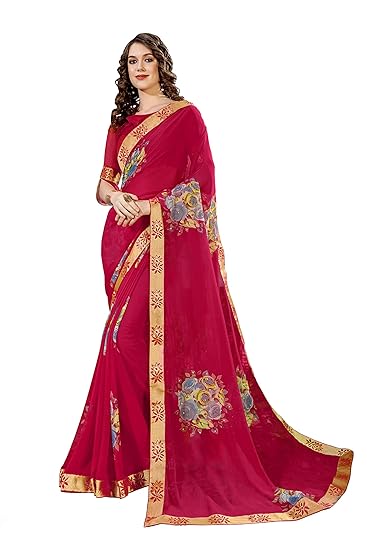 Womens Georgette Floral Printed Saree With Blouse(angelena-red,Red)