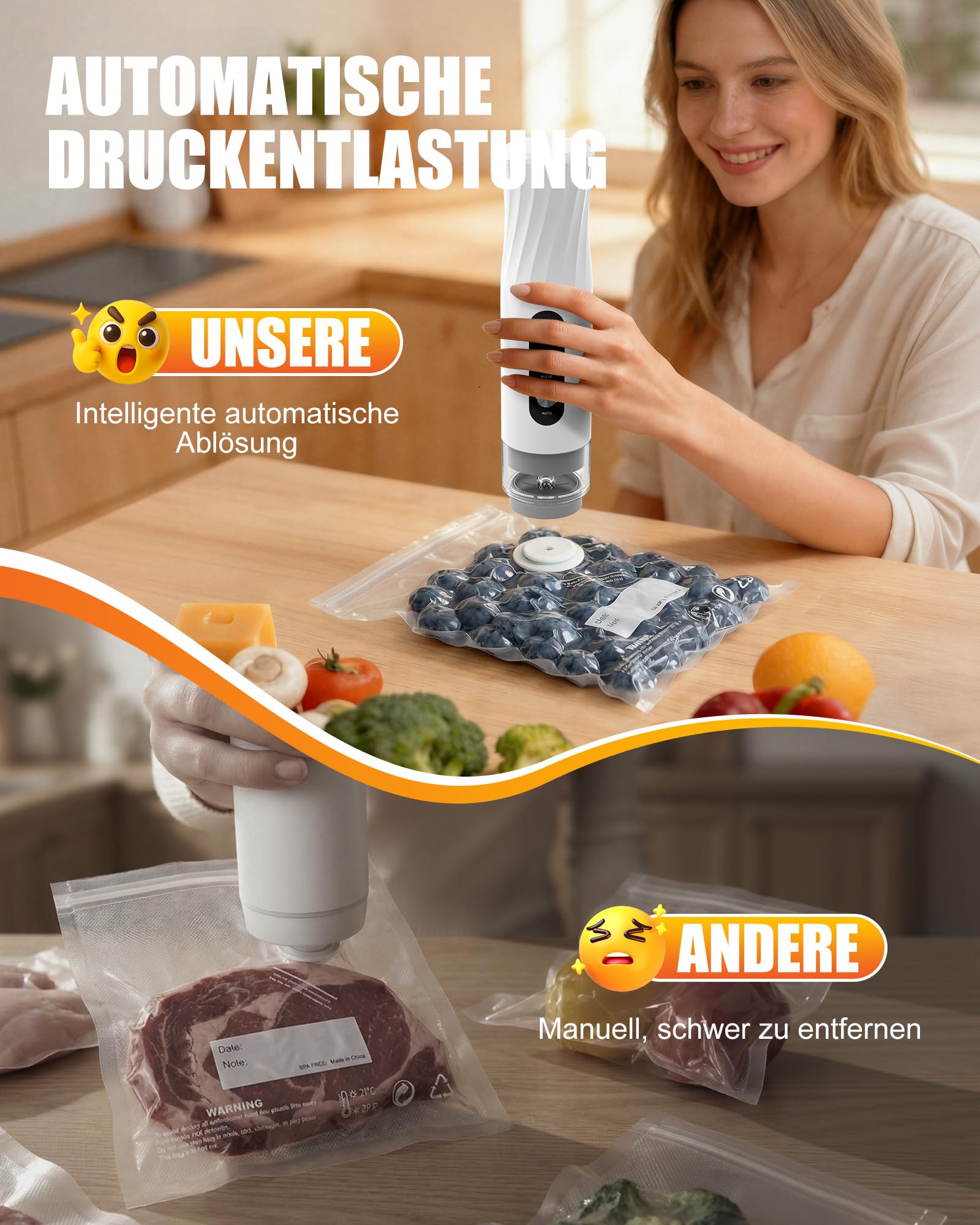 Babacom Kabelloses Tragbare Hand-Vakuumiergerät mit 20 wiederverwendbaren Vakuumierbeuteln, 60kPa starker Vakuumierer, EIN-Knopf-Autoversiegelung & Pulsmodus für Batch-Kochen Folienverpackungszubehör 5