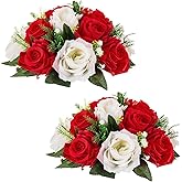 NUPTIO Flower Centerpieces for Wedding Tables: Red & White Artificial Flower Ball Arrangement for Christmas Thanksgiving Party - 2 Pcs Fake Floral Rose for Bridal Shower Decor