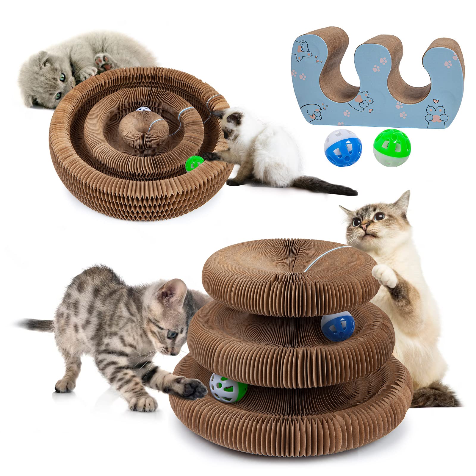 Double-Layer Kitty Kurlz Cat Toys, Magic Organ Scratching Board, Interactive Accordion Toy with Two Balls, Enrichment Scratcher Mat for Kitten Made of Cardboard