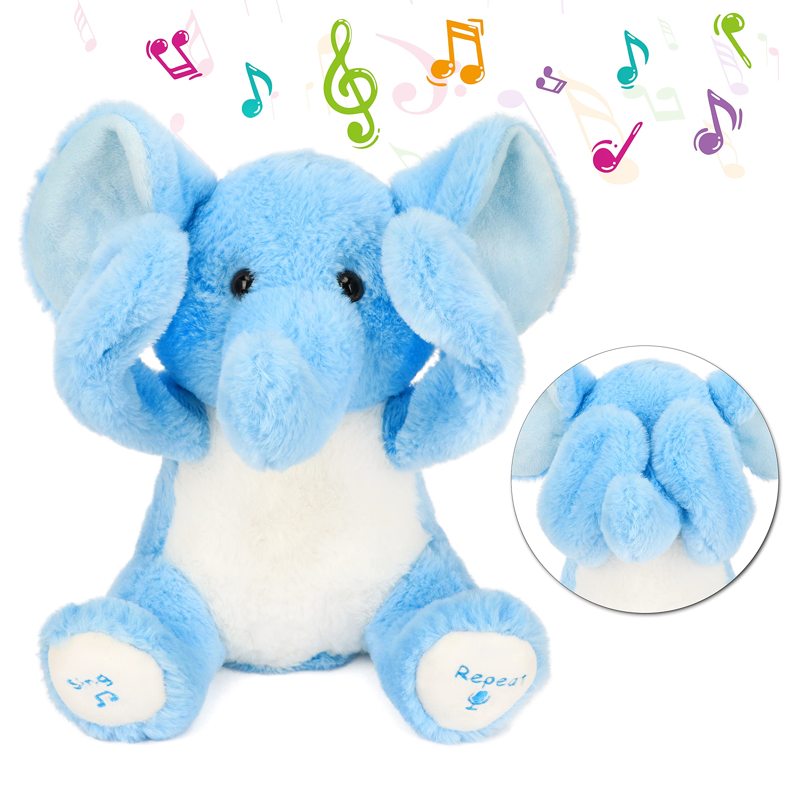 Photo 1 of Hopearl Peek A Boo Elephant Interactive Repeats What You Say Plush Elephish Toy Musical Singing Talking Stuffed Animal Adorable Electric Animate Birthday Festival, Blue, 11.5''
