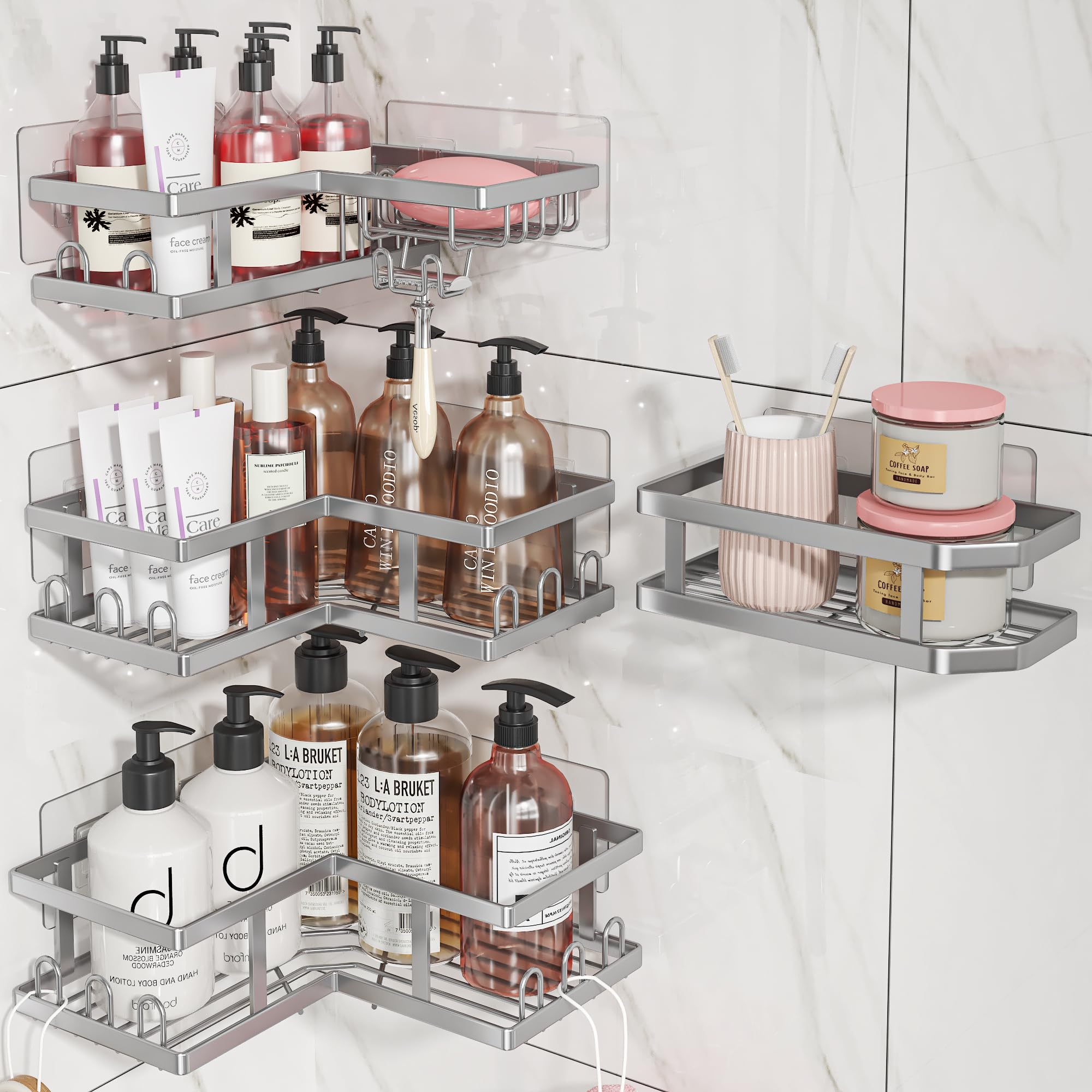 Photo 1 of 4-Pack Adhesive Corner Shower Caddy with Soap Holder, No Drilling Wall Mounted Shower Shelves-Rustproof, Organizer for Bathroom, Kitchen & Home Decor. Silver