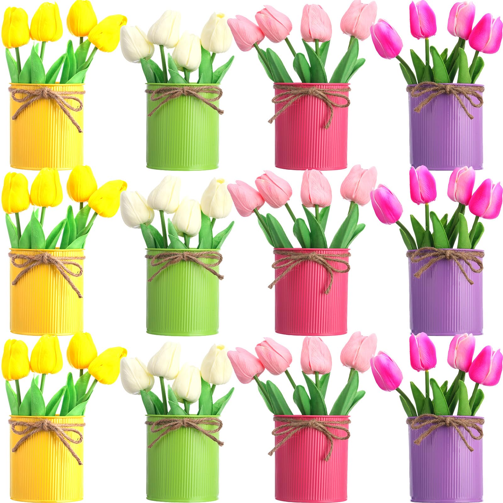 Photo 1 of Domensi 12 Pack Spring Centerpieces for Table Office Decoration 48 Pcs Mother's Day Artificial Tulip Bulk with 12 Metal Pot PU Faux Flowers in Vase Floral Bouquet for Office Work Home Table Decor