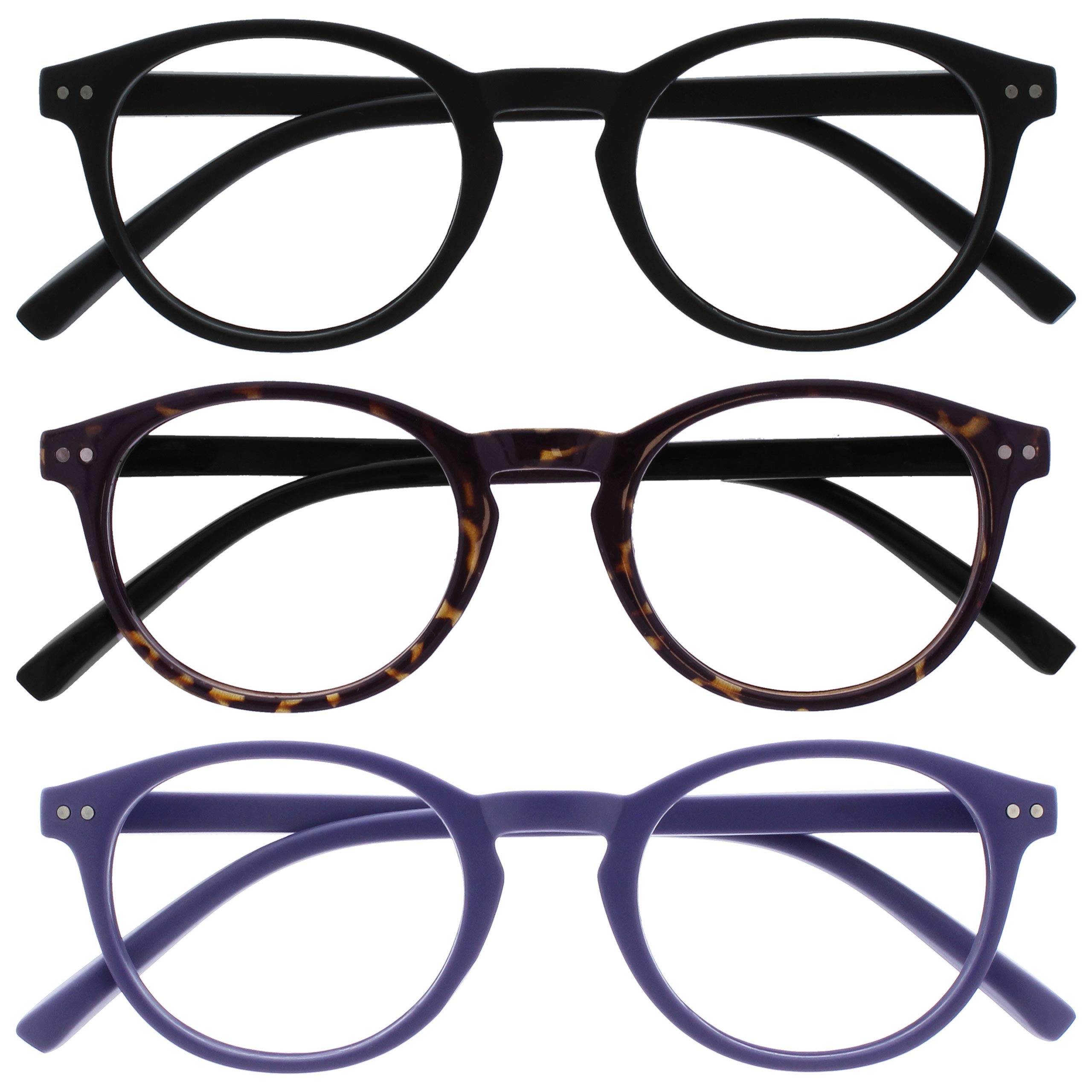 OPULIZE Zen Reading Glasses 3 Pack Cool Round Frame Spring Hinges Scratch Resistant Matt Black Shiny Dark Brown Matt Purple Mens Womens RRR24-125 +1.00