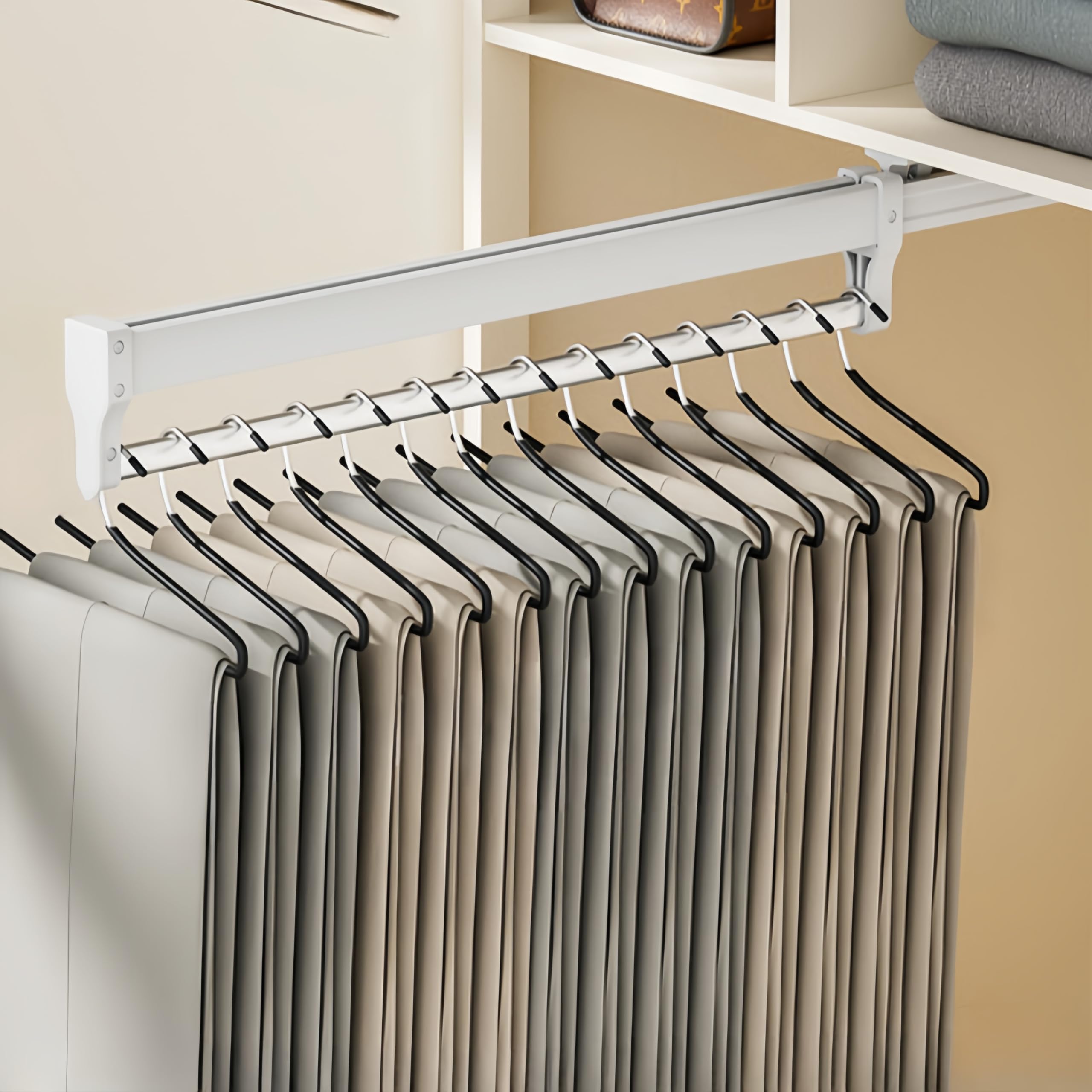 ANXJLEO Pull Out Clothes Hanger Rail Rack, Trouser Hangers,Pants Rack,Extendable Pants Holder,Space Savers,Stainless Steel for Clothes Hangers Organiser Wardrobe Rail,White,50 cm(500mm)