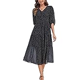 Kormei Women's V Neck 3/4 Sleeve Boho Long Flowy Dress Wedding Guest Engagement Party Casual Chiffon Dresses