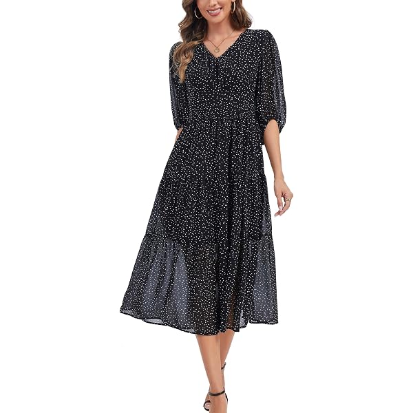 Kormei Women's V Neck Short Sleeve Boho Smocked Long Flowy Summer Dress  Wedding Guest Engagement Dresses S Black at Amazon Women's Clothing store